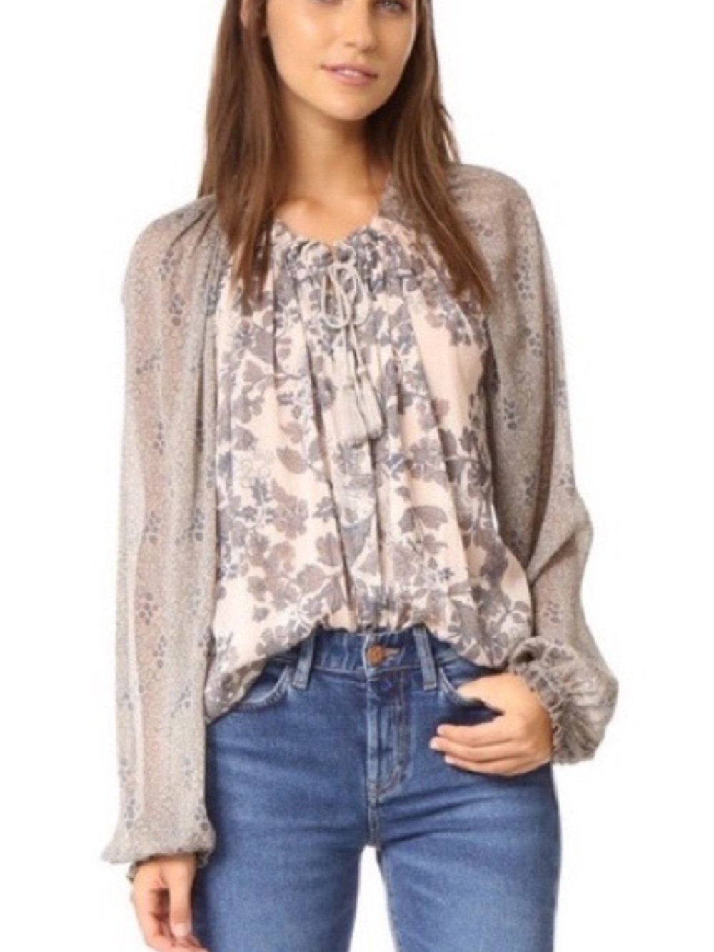 Free People Neutral Floral Tie-Neck Peasant Blouse